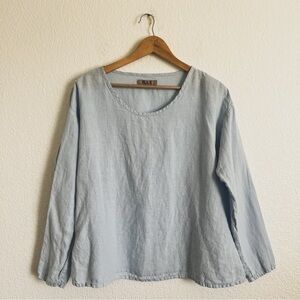 Flax Size P (2-4) Light Blue Linen Long-Sleeve Scoop Neck Top